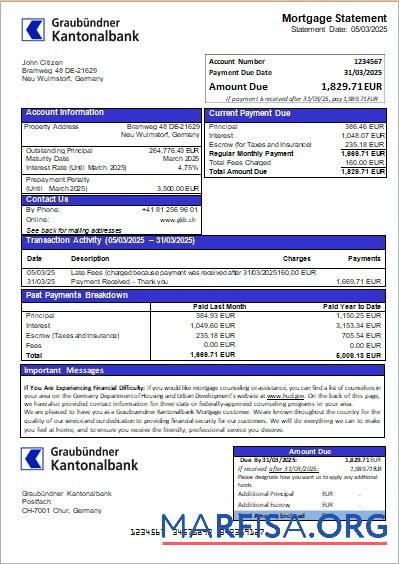 Realistic Germany Graubuendner Kantonalbank bank mortgage statement scr download for verification